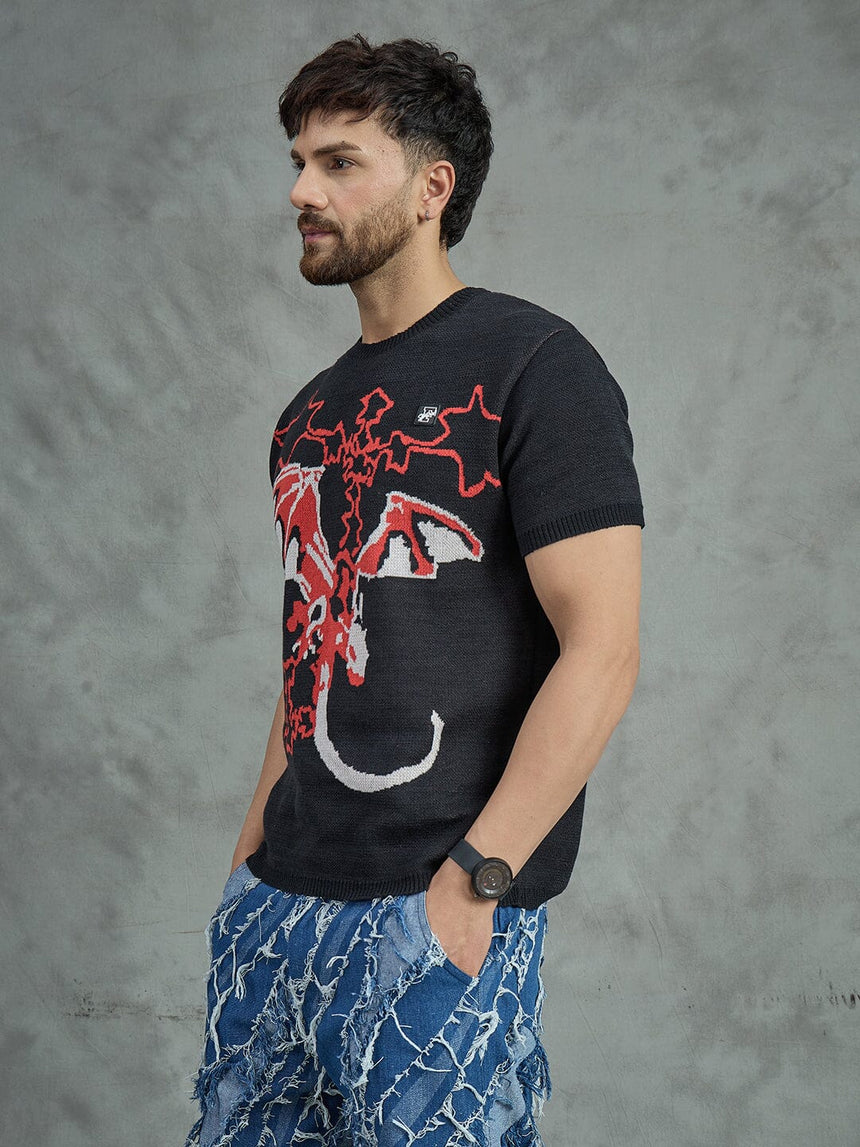 Black Bat Graphic Knitted Tshirt Shirts Fugazee