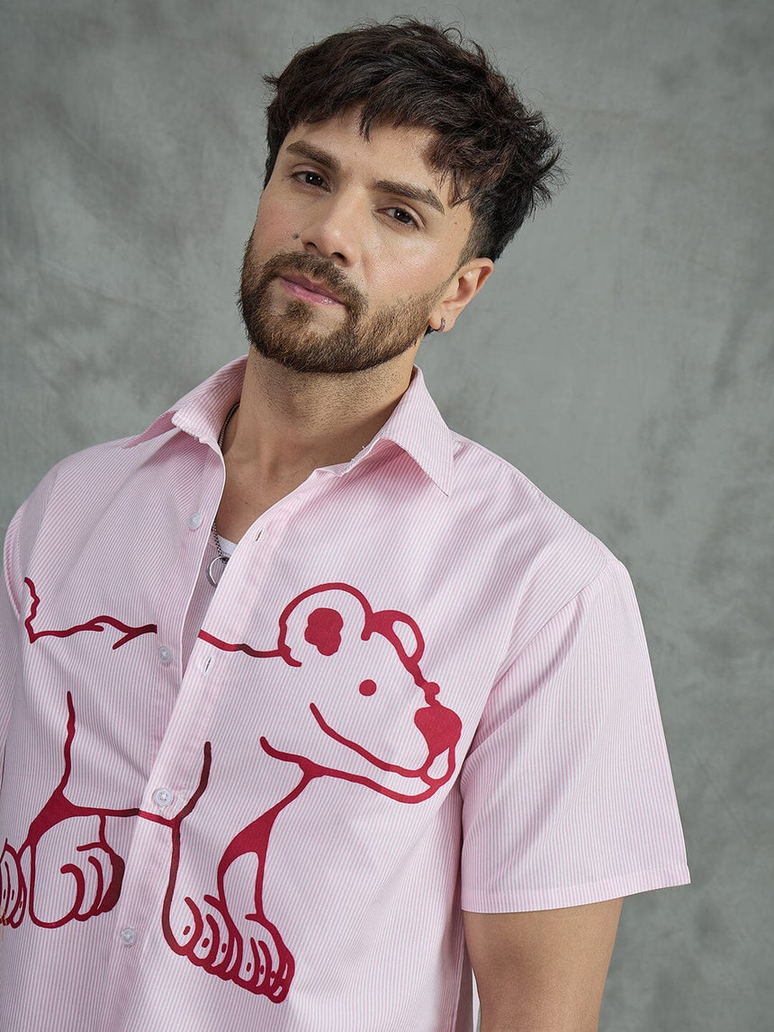 Pink Striped Dog Cropped Shirt With White Vest Shirts Fugazee