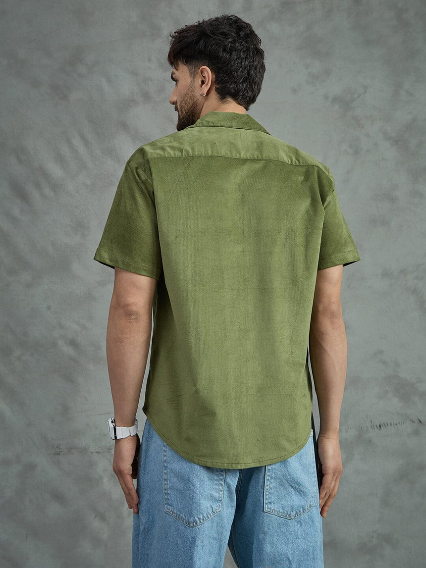 Khaki Embroidery Corduroy Cuban Shirt Shirts Fugazee