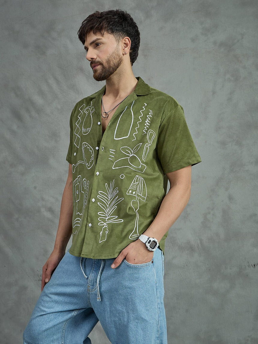Khaki Embroidery Corduroy Cuban Shirt Shirts Fugazee