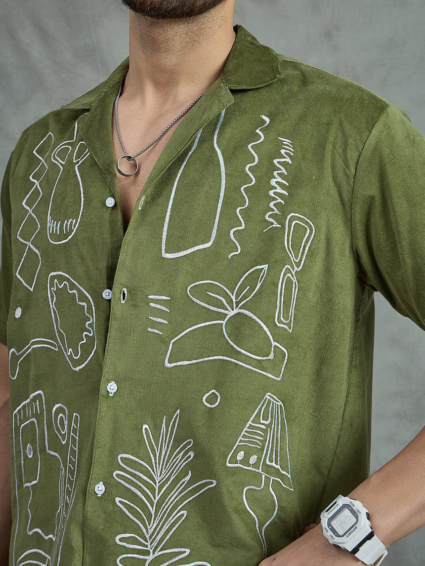 Khaki Embroidery Corduroy Cuban Shirt Shirts Fugazee