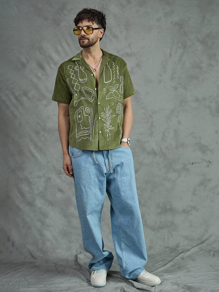 Khaki Embroidery Corduroy Cuban Shirt Shirts Fugazee