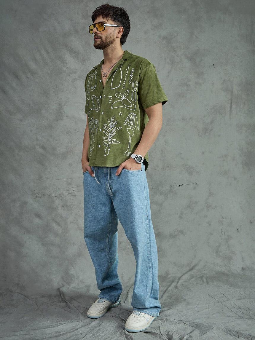 Khaki Embroidery Corduroy Cuban Shirt Shirts Fugazee