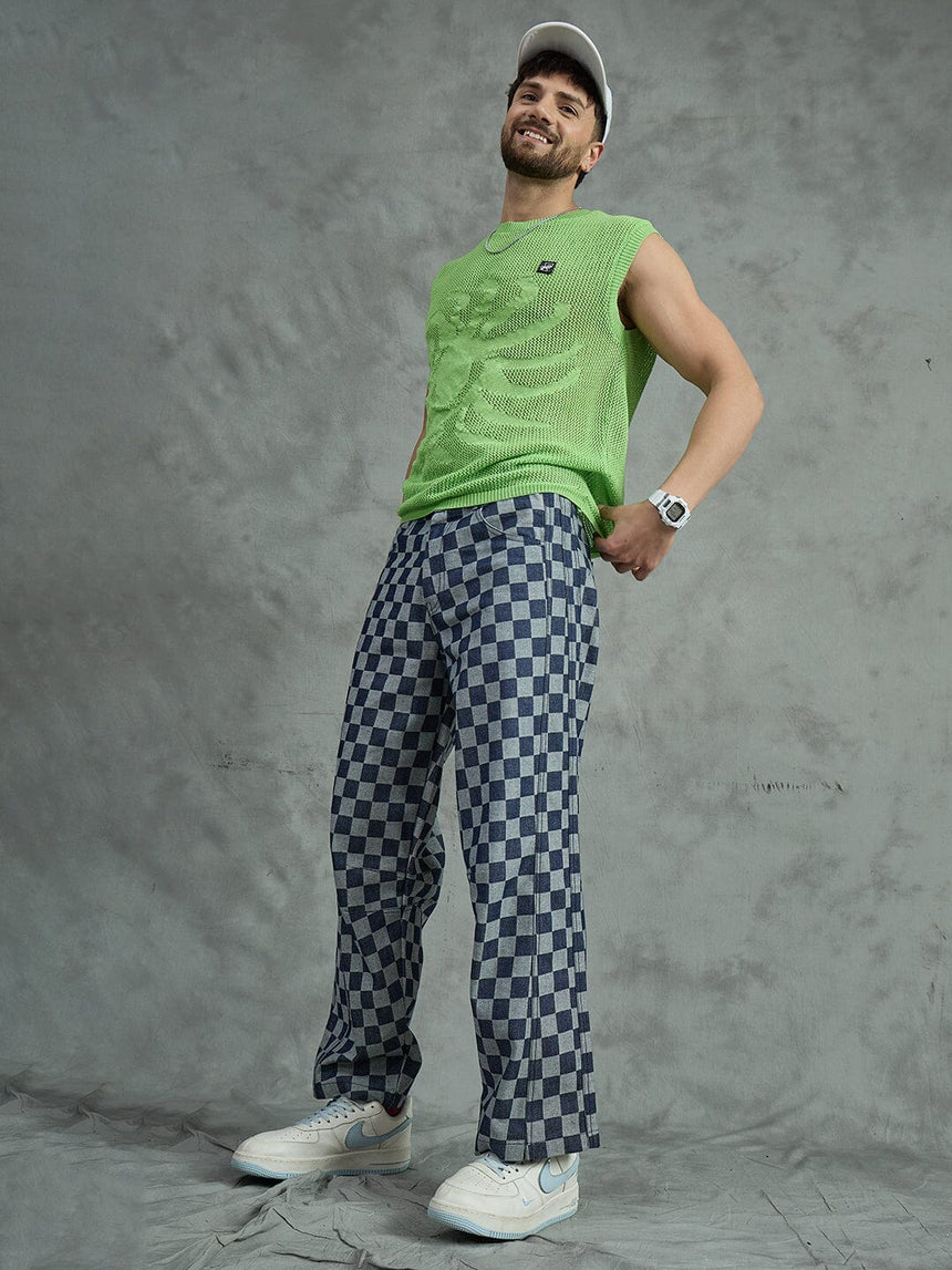 Indigo Checkered Baggy Japanese Cropped Denim Jeans Fugazee