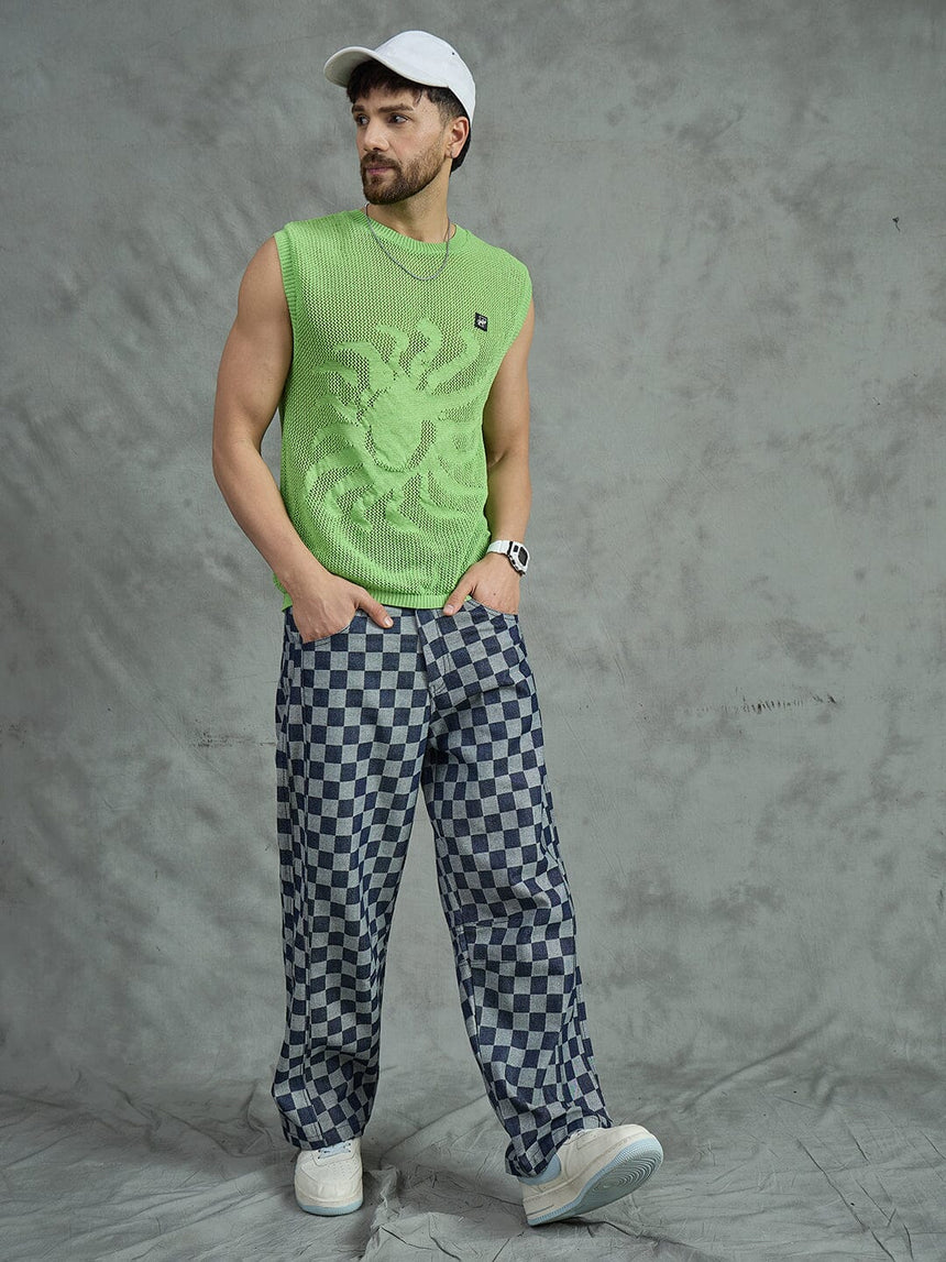 Indigo Checkered Baggy Japanese Cropped Denim Jeans Fugazee