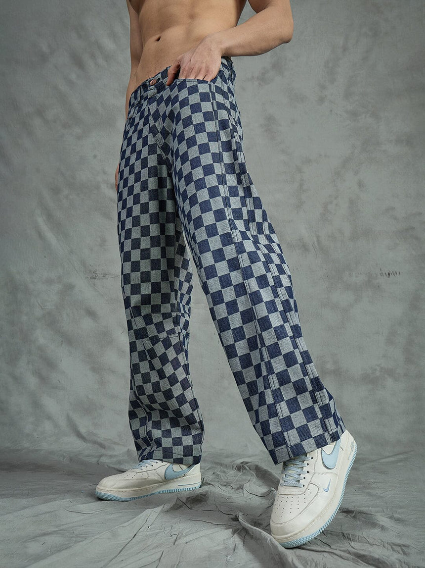 Indigo Checkered Baggy Japanese Cropped Denim Jeans Fugazee