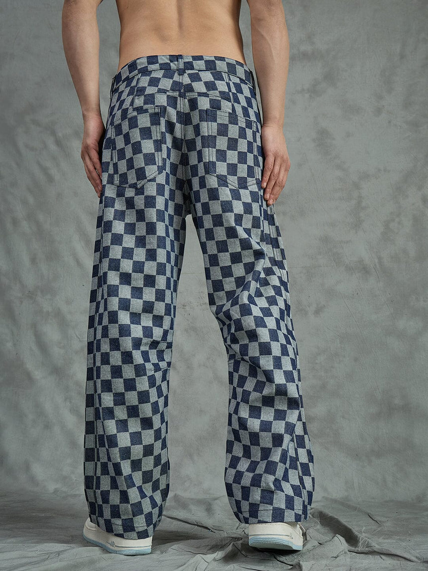Indigo Checkered Baggy Japanese Cropped Denim Jeans Fugazee