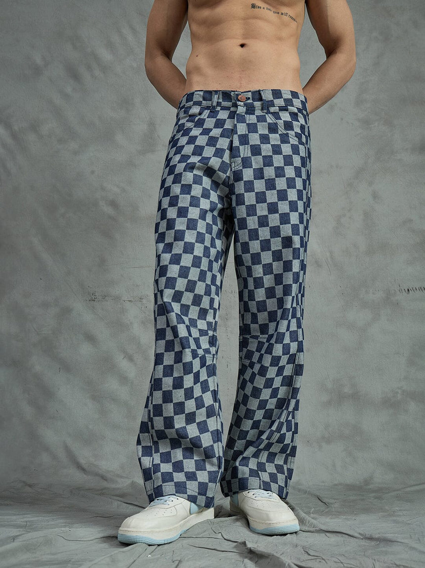 Indigo Checkered Baggy Japanese Cropped Denim Jeans Fugazee