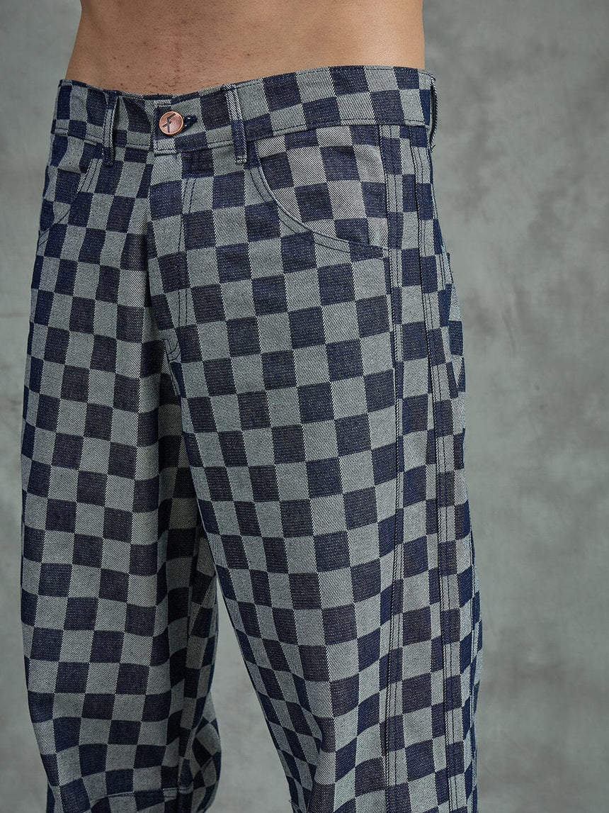 Indigo Checkered Baggy Japanese Cropped Denim Jeans Fugazee