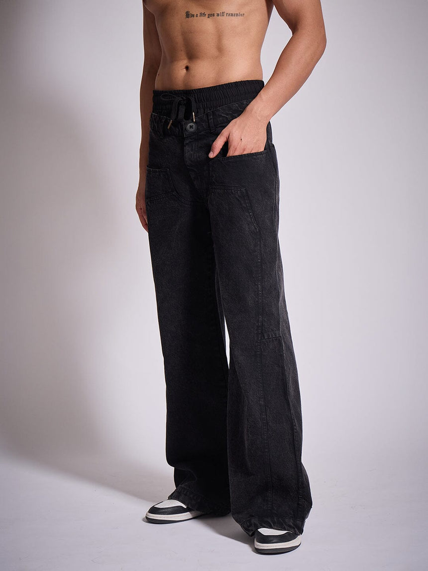 Black Double Waisted Panel Denim Jeans Fugazee