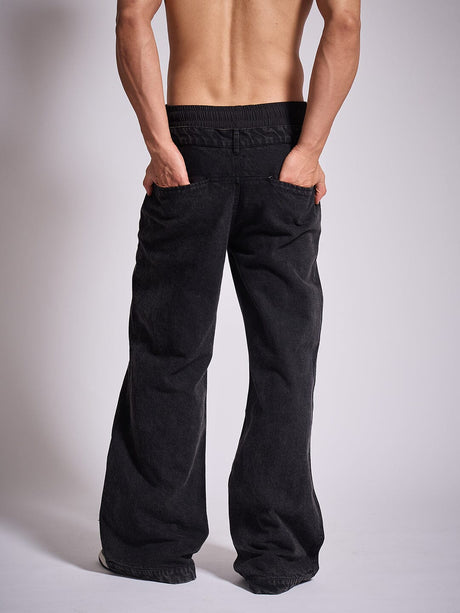 Black Double Waisted Panel Denim Jeans Fugazee