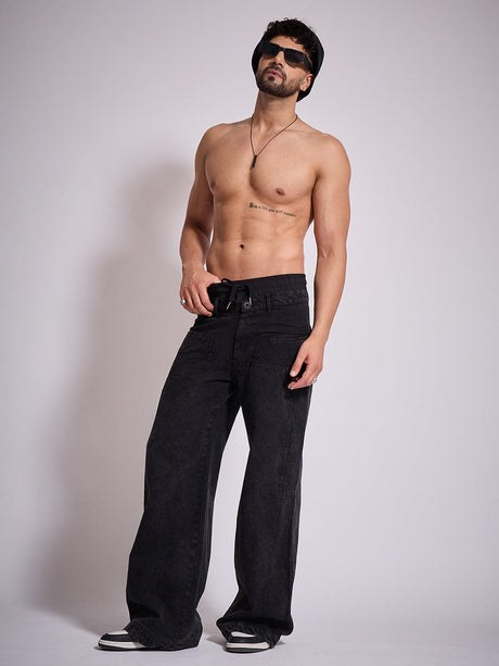 Black Double Waisted Panel Denim Jeans Fugazee