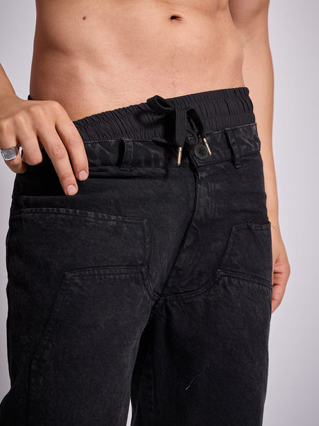 Black Double Waisted Panel Denim Jeans Fugazee