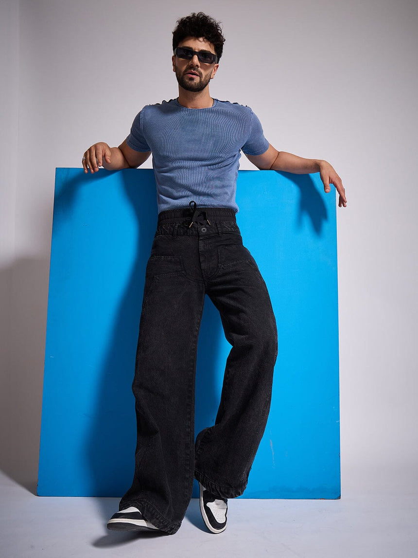 Black Double Waisted Panel Denim Jeans Fugazee