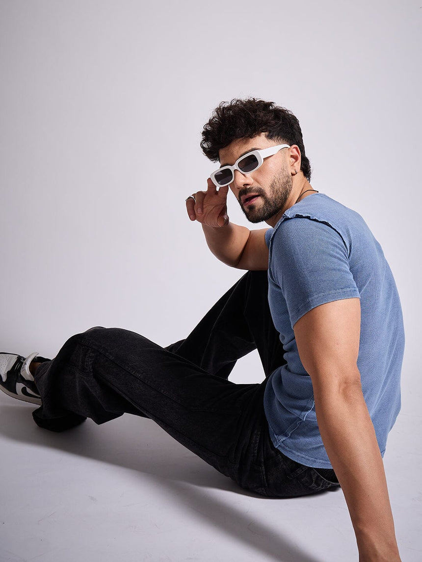 Blue Ribbed Short Sleeve Tshirt T-Shirts Fugazee