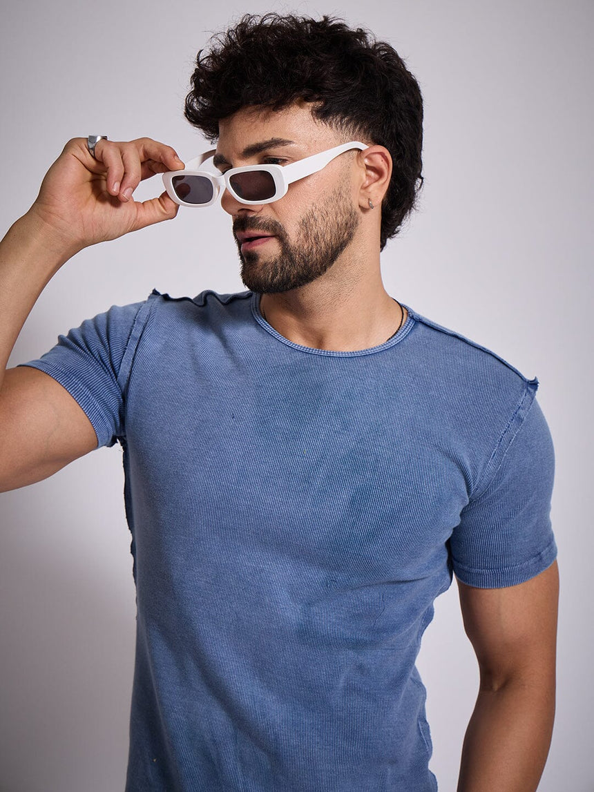 Blue Ribbed Short Sleeve Tshirt T-Shirts Fugazee