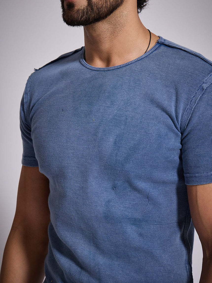 Blue Ribbed Short Sleeve Tshirt T-Shirts Fugazee
