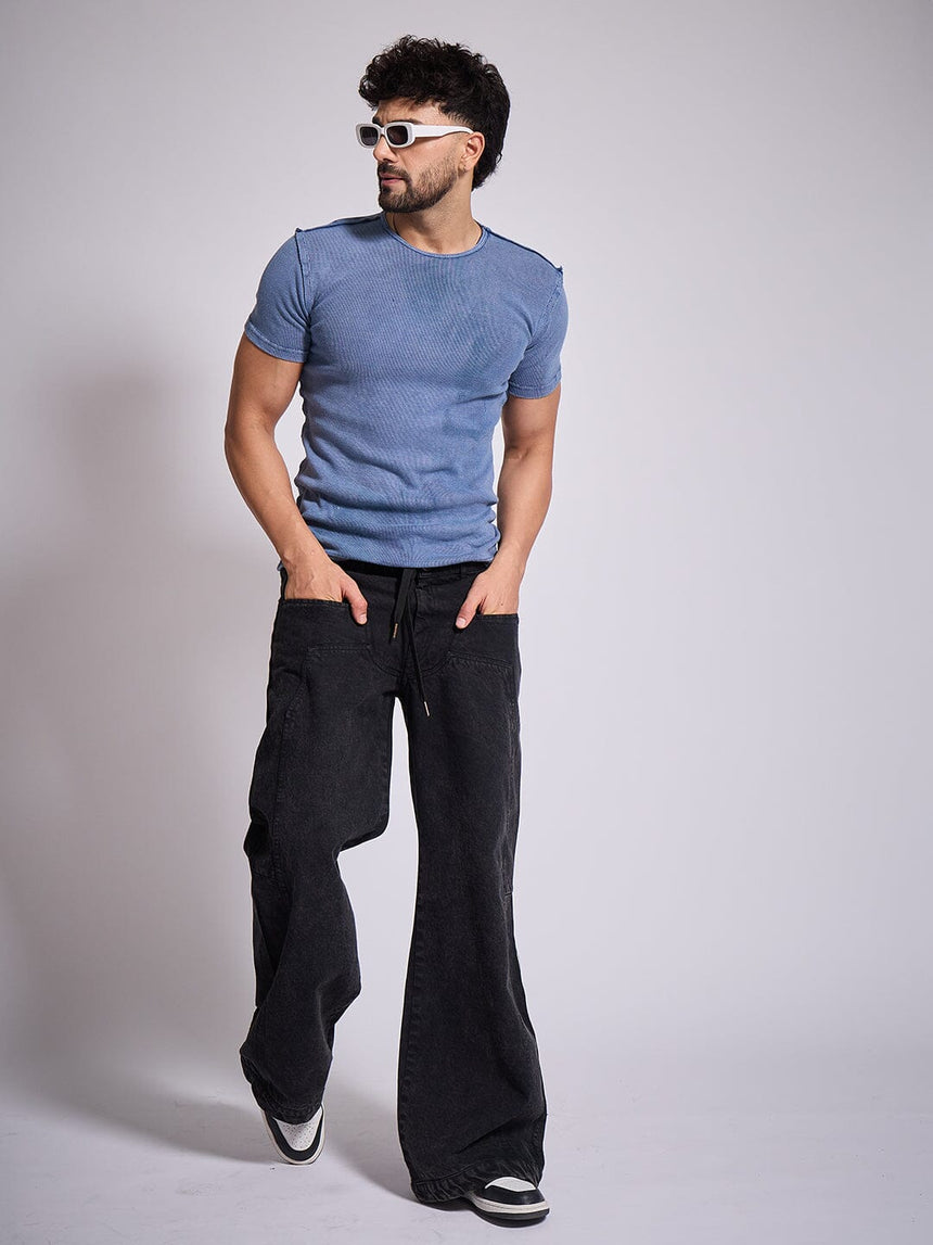 Blue Ribbed Short Sleeve Tshirt T-Shirts Fugazee