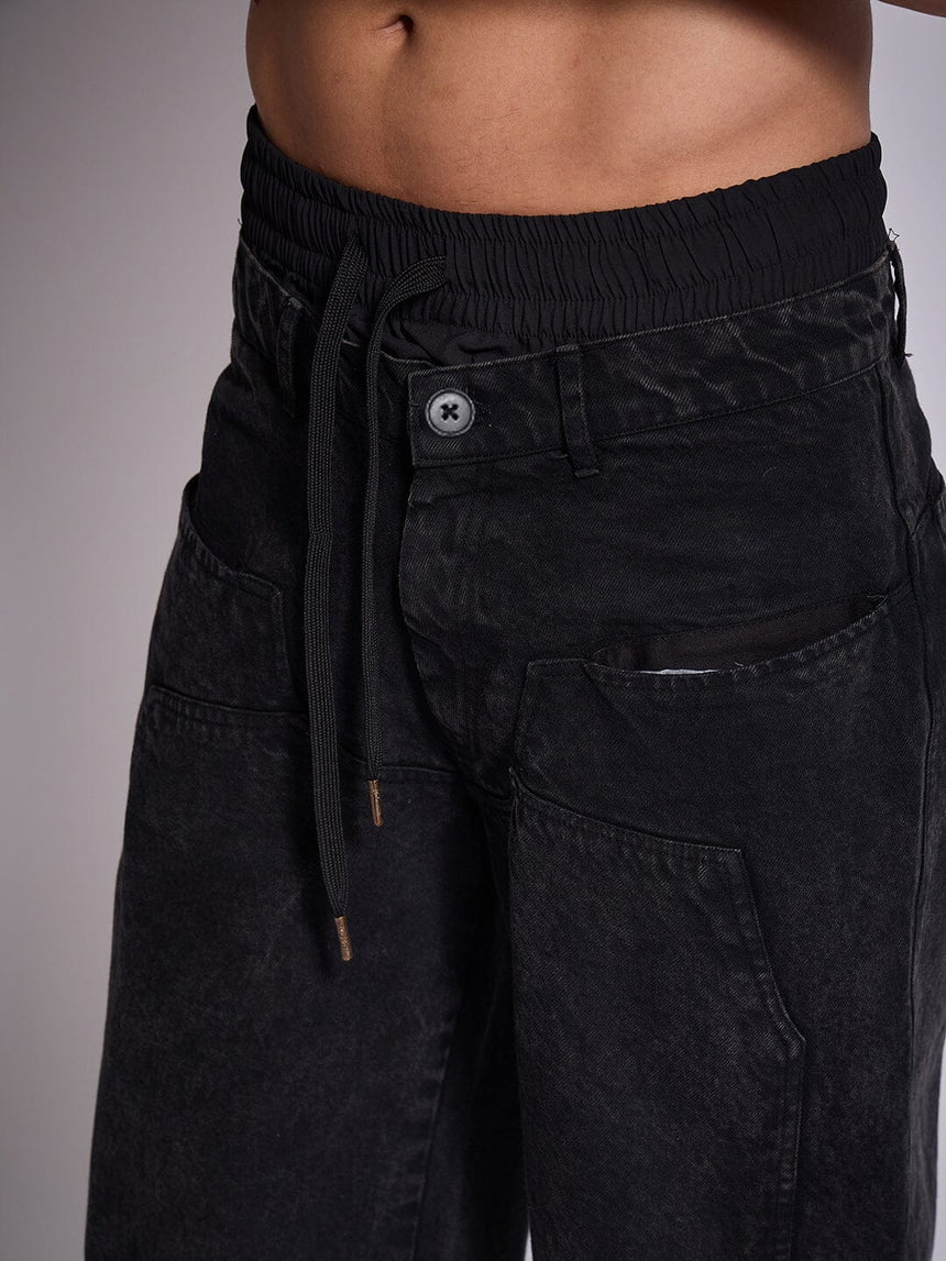 Black Double Waisted Panel Denim Jeans Fugazee