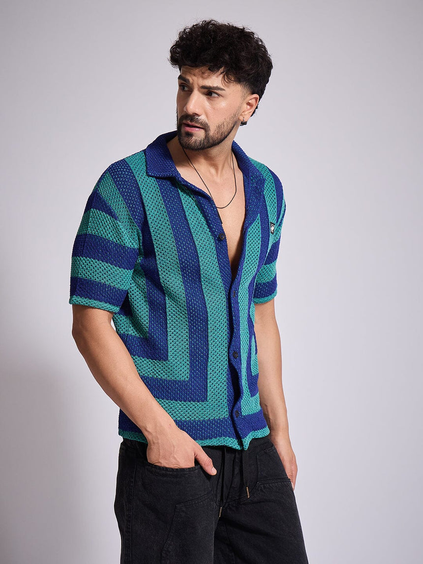 Green & Blue Striped Crochet Shirt Shirts Fugazee