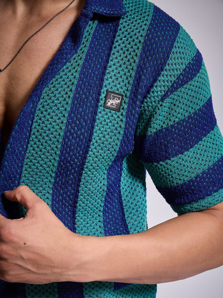 Green & Blue Striped Crochet Shirt Shirts Fugazee