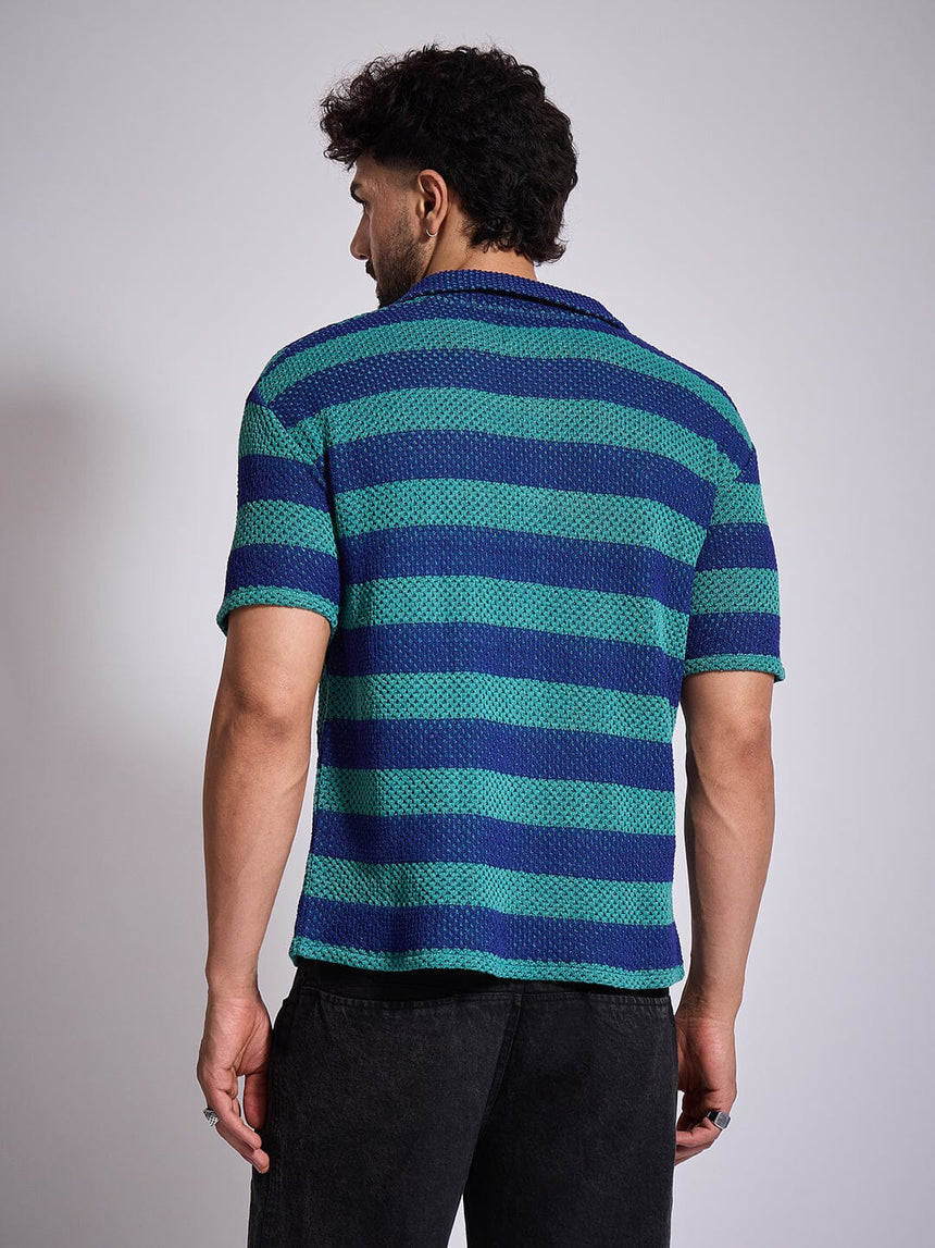 Green & Blue Striped Crochet Shirt Shirts Fugazee