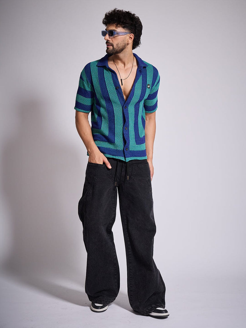 Green & Blue Striped Crochet Shirt Shirts Fugazee