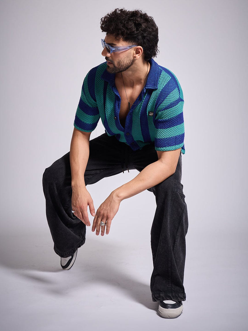 Green & Blue Striped Crochet Shirt Shirts Fugazee