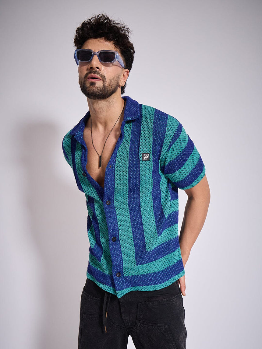 Green & Blue Striped Crochet Shirt Shirts Fugazee