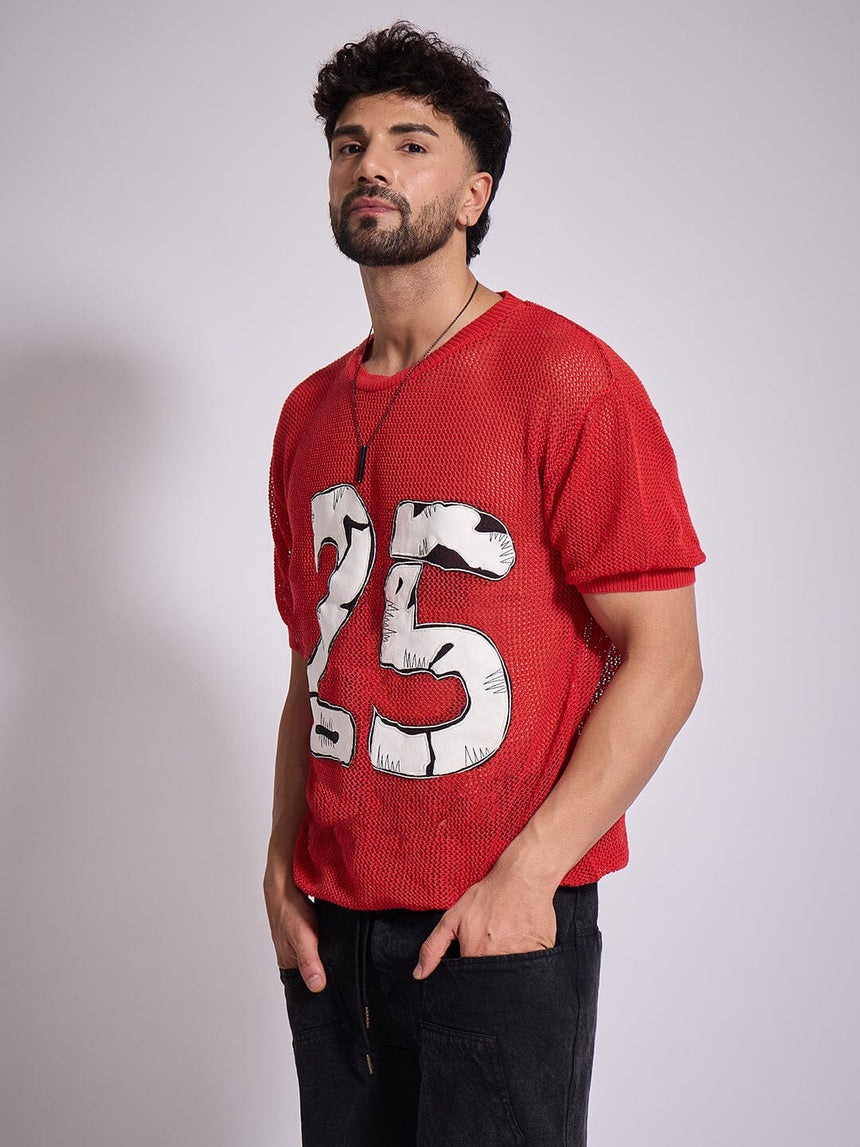 Red Knitted PU Appliqué Tshirt T-Shirts Fugazee