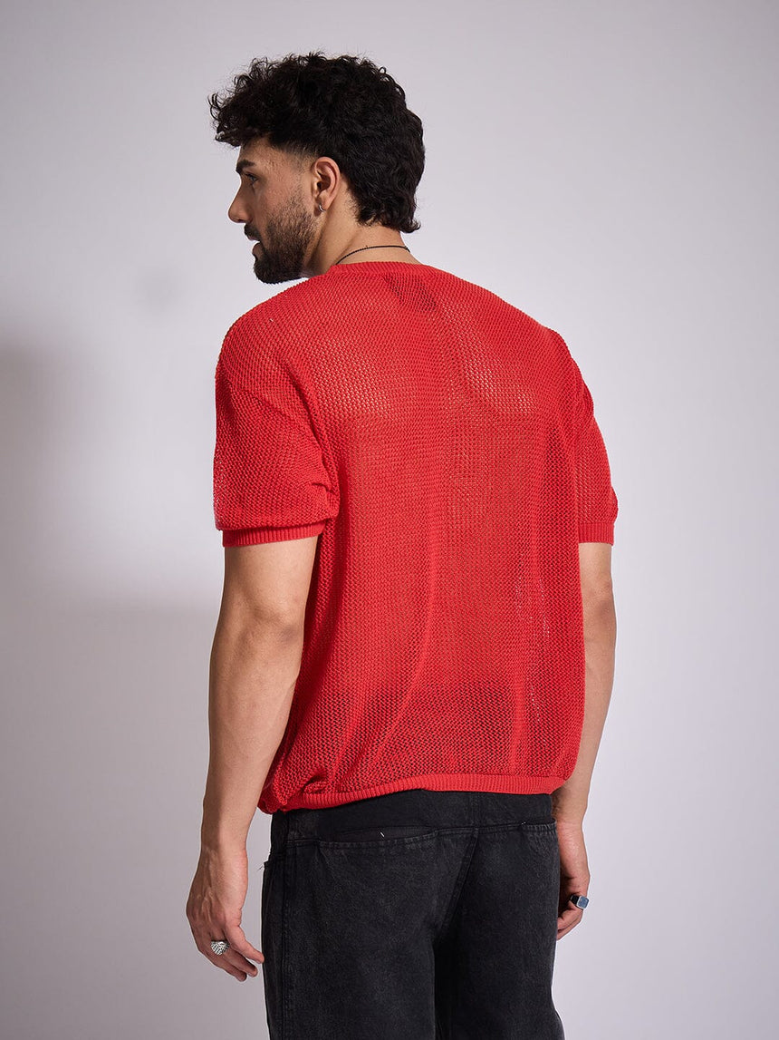 Red Knitted PU Applique Tshirt T-Shirts Fugazee