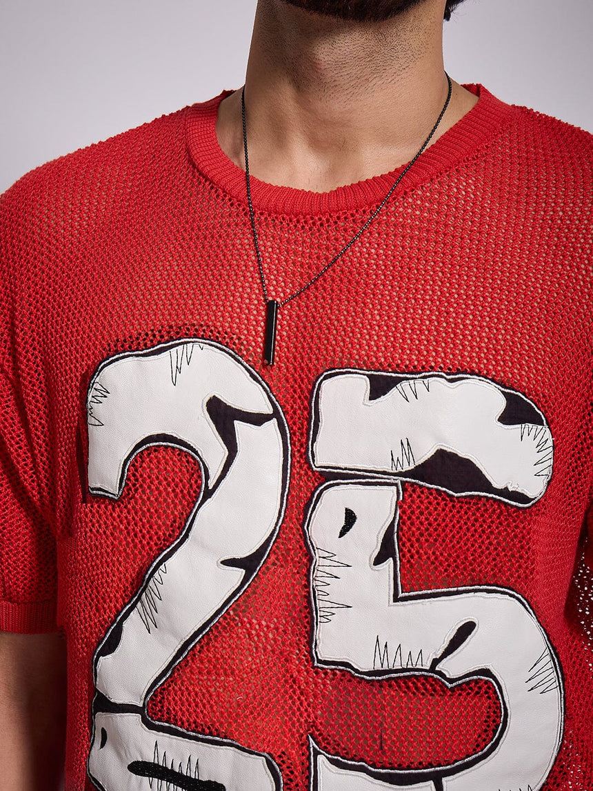 Red Knitted PU Appliqué Tshirt T-Shirts Fugazee