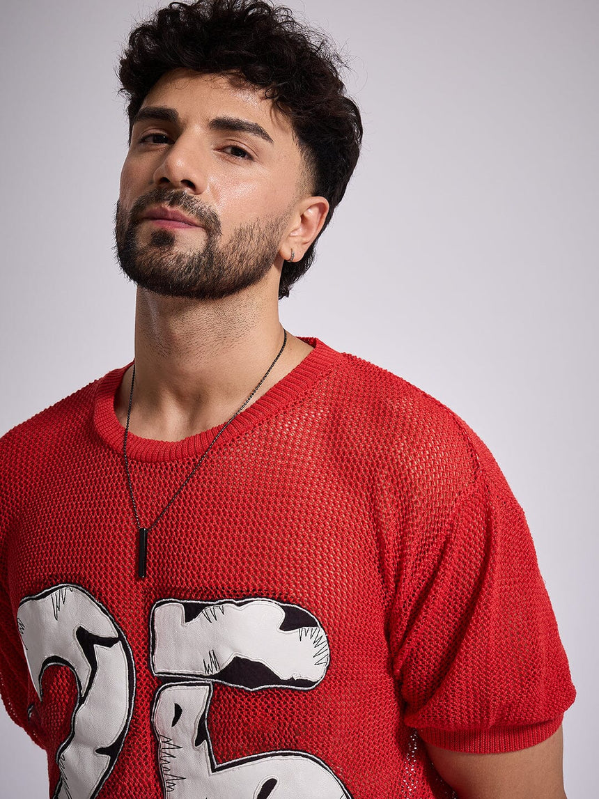 Red Knitted PU Appliqué Tshirt T-Shirts Fugazee