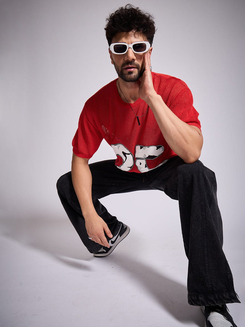 Red Knitted PU Appliqué Tshirt T-Shirts Fugazee