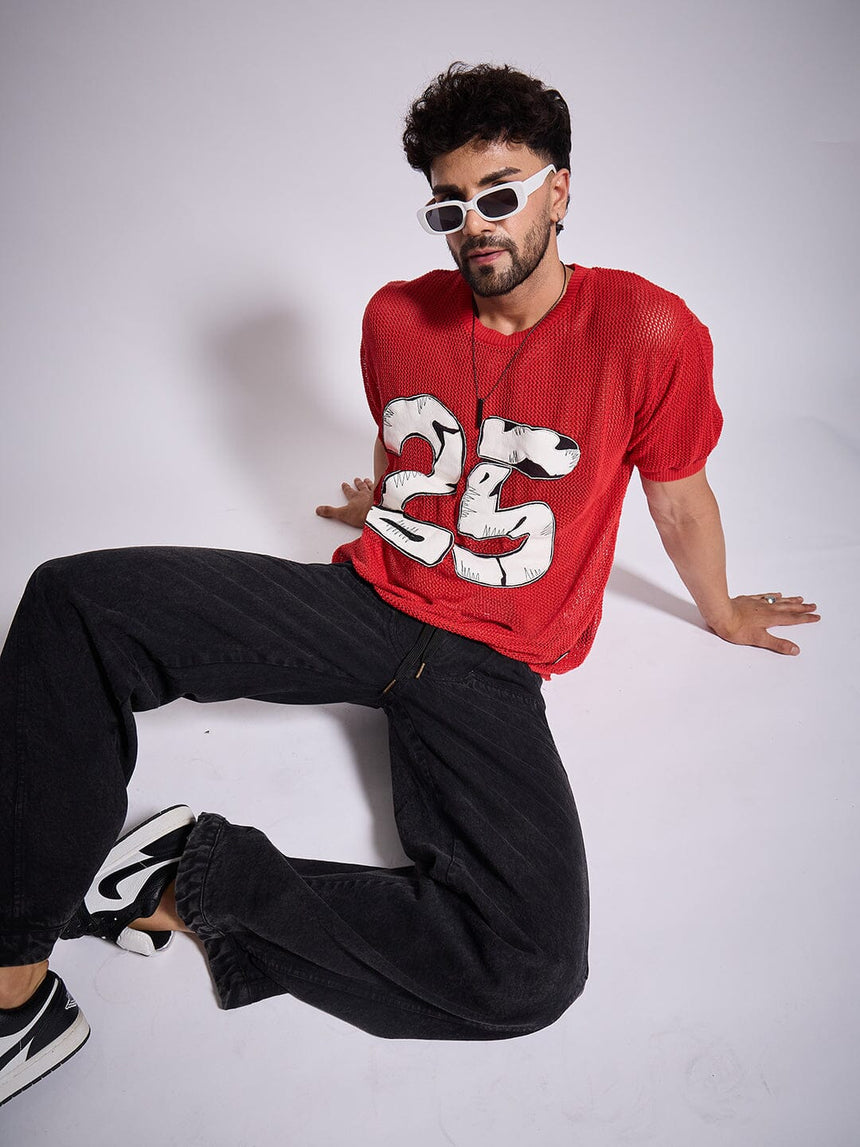 Red Knitted PU Applique Tshirt T-Shirts Fugazee