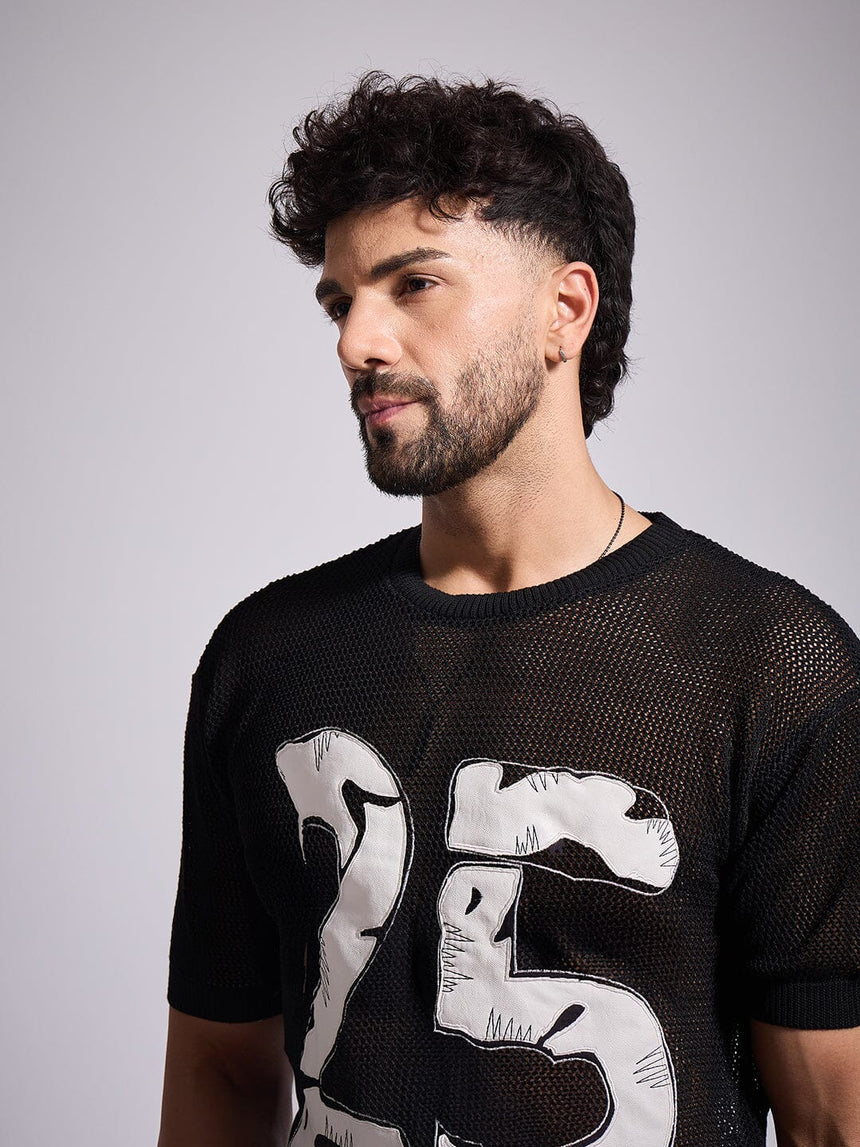 Black Knitted Pu Applique Tshirt T-Shirts Fugazee