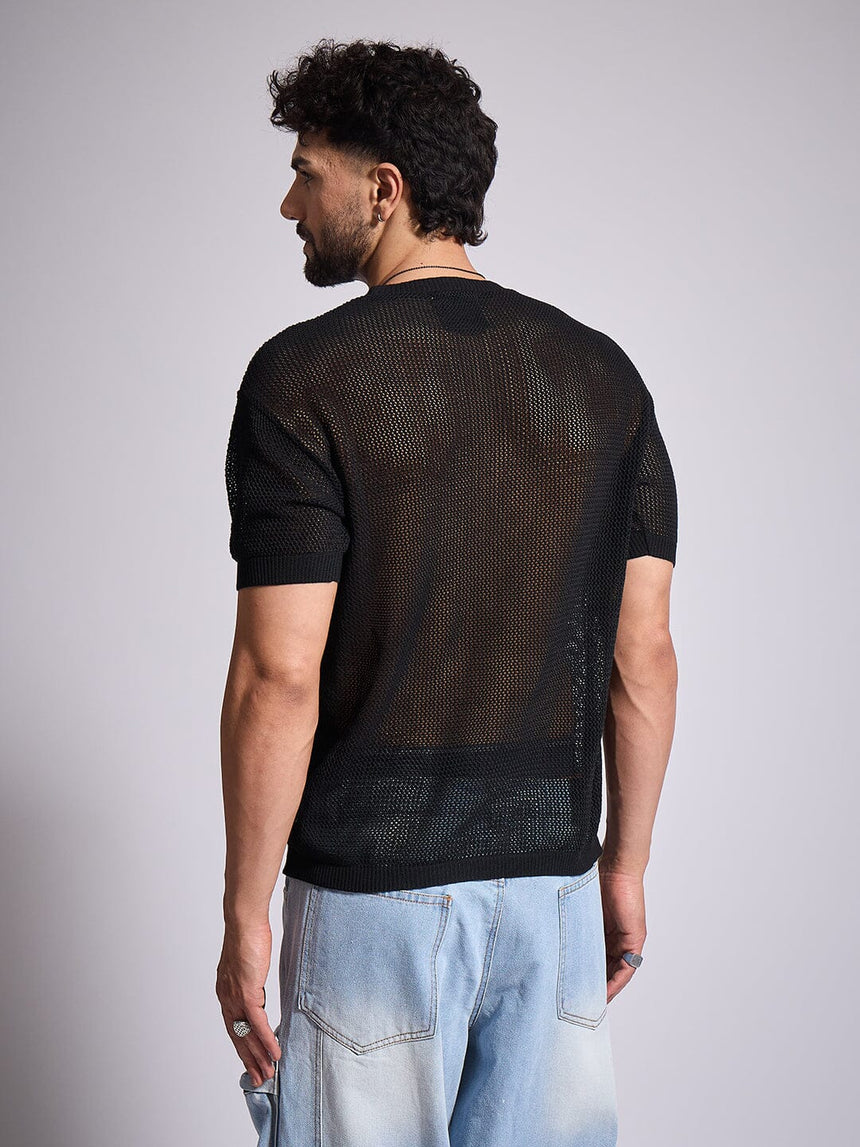 Black Knitted Pu Applique Tshirt T-Shirts Fugazee