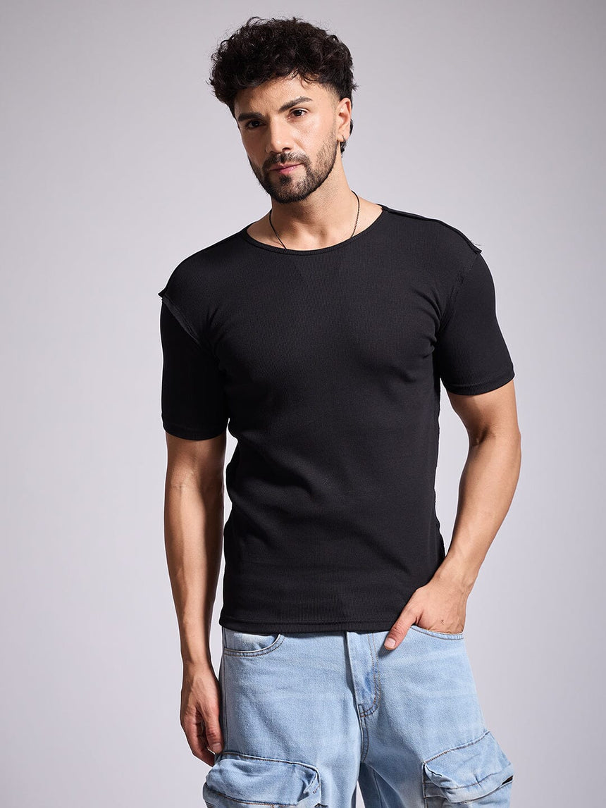 Black Ribbed Short Sleeves Tshirt T-Shirts Fugazee