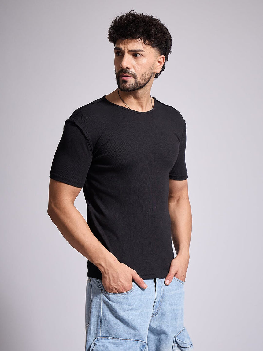 Black Ribbed Short Sleeves Tshirt T-Shirts Fugazee