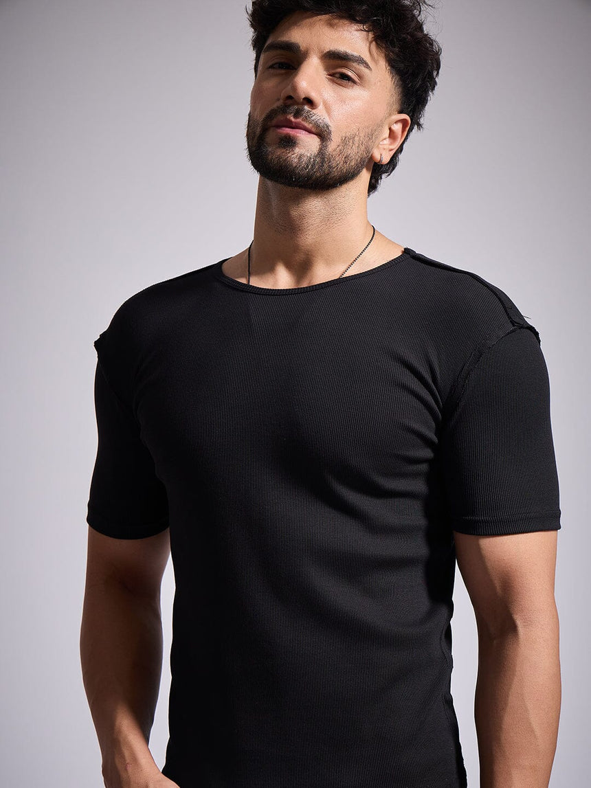 Black Ribbed Short Sleeves Tshirt T-Shirts Fugazee