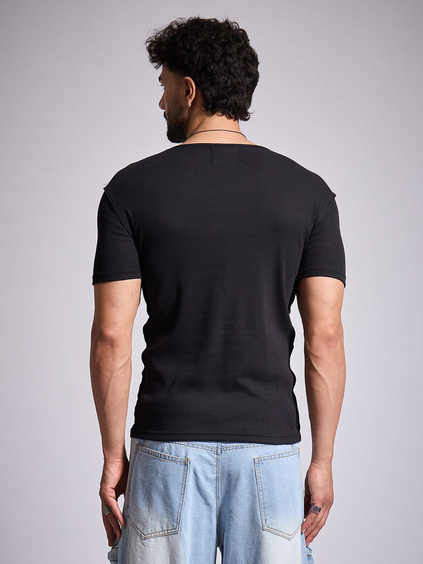 Black Ribbed Short Sleeves Tshirt T-Shirts Fugazee