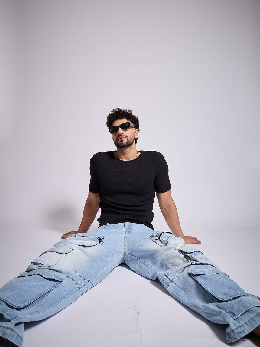 Black Ribbed Short Sleeves Tshirt T-Shirts Fugazee