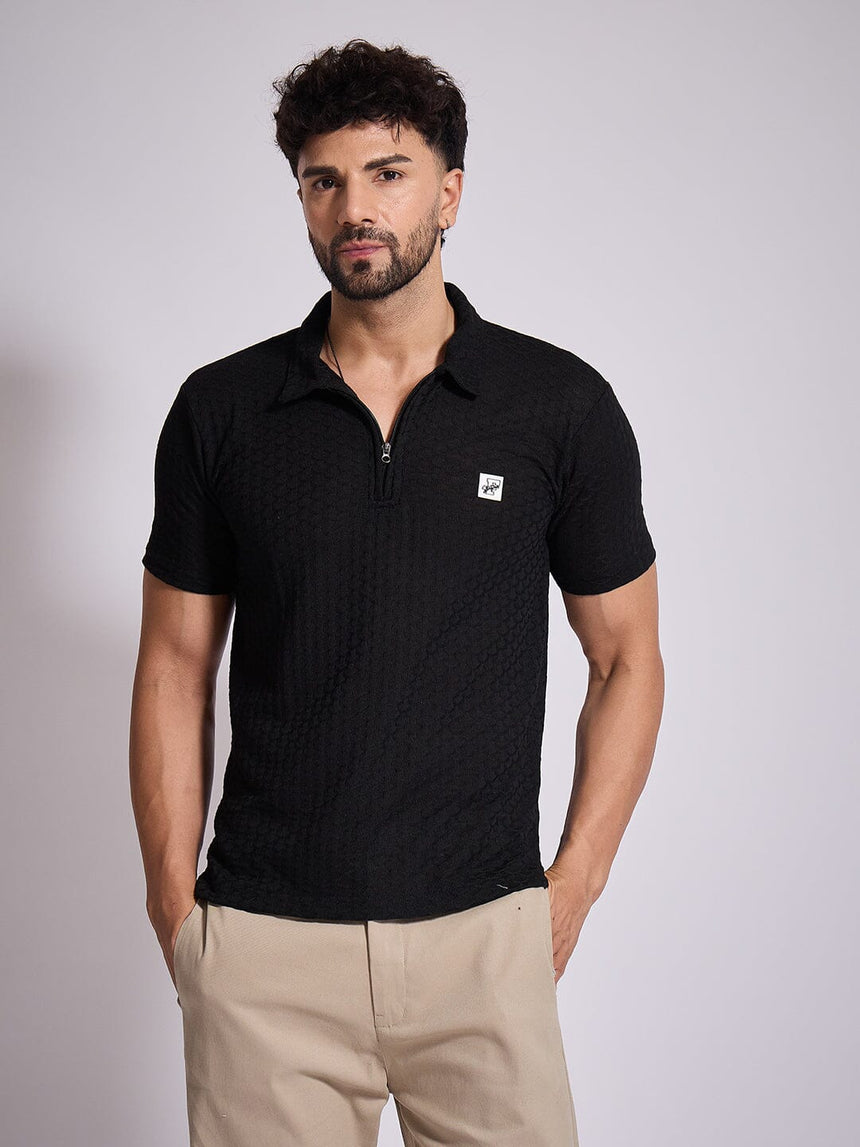 Black Textured Knitted Polo Tshirt T-Shirts Fugazee