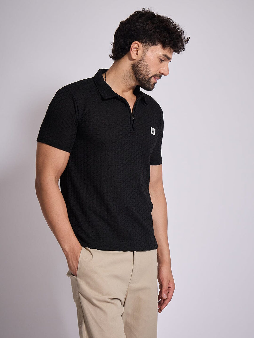 Black Textured Knitted Polo Tshirt T-Shirts Fugazee