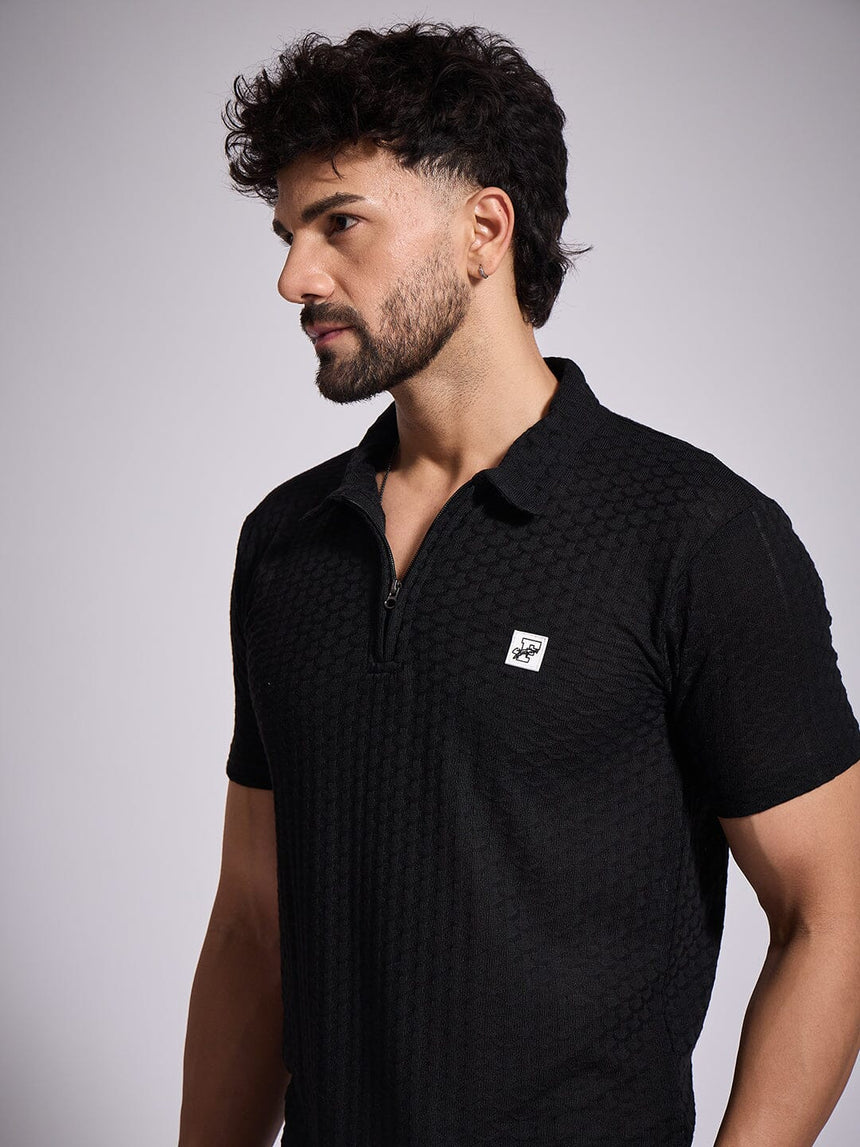 Black Textured Knitted Polo Tshirt T-Shirts Fugazee