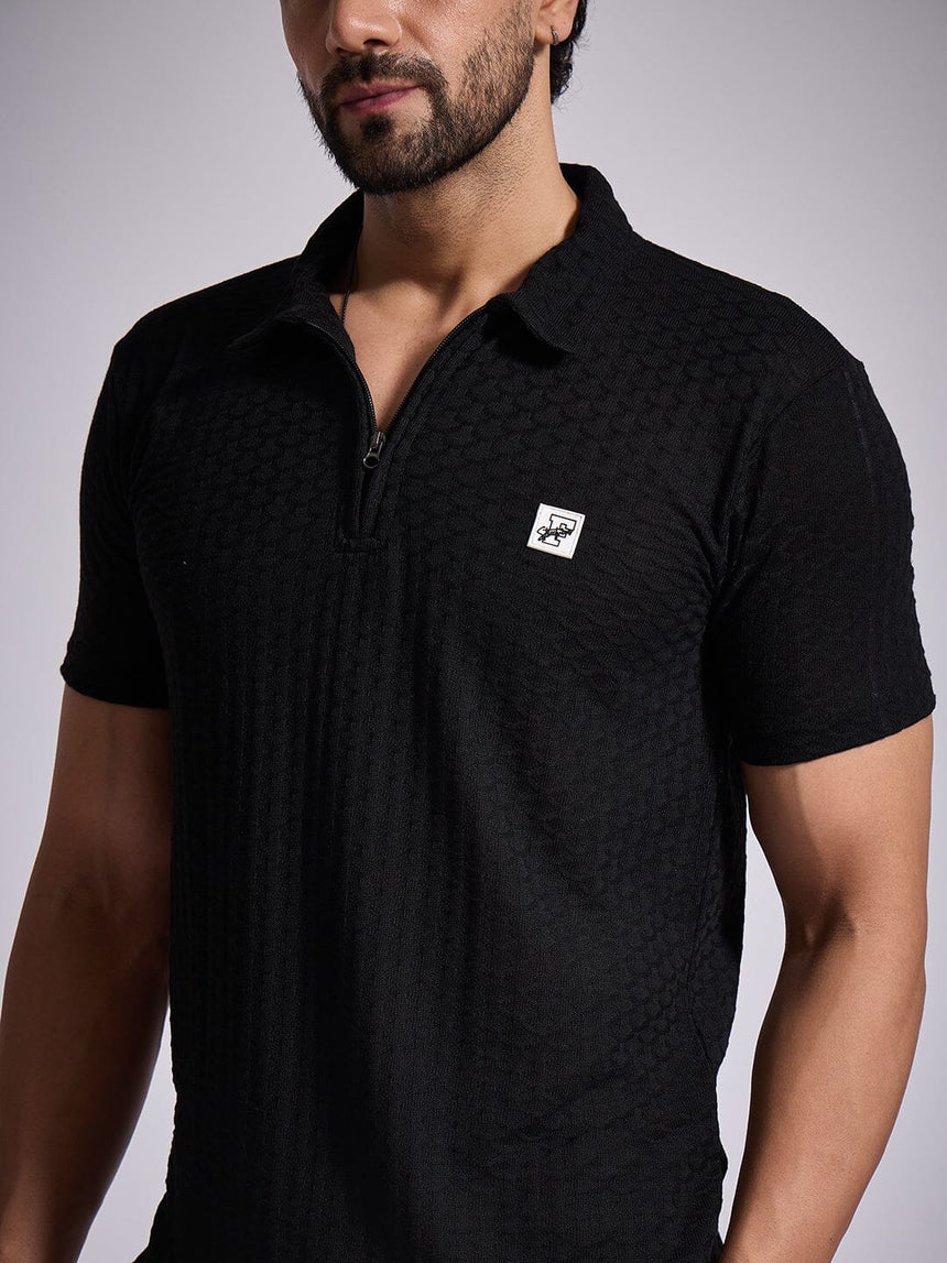 Black Textured Knitted Polo Tshirt T-Shirts Fugazee