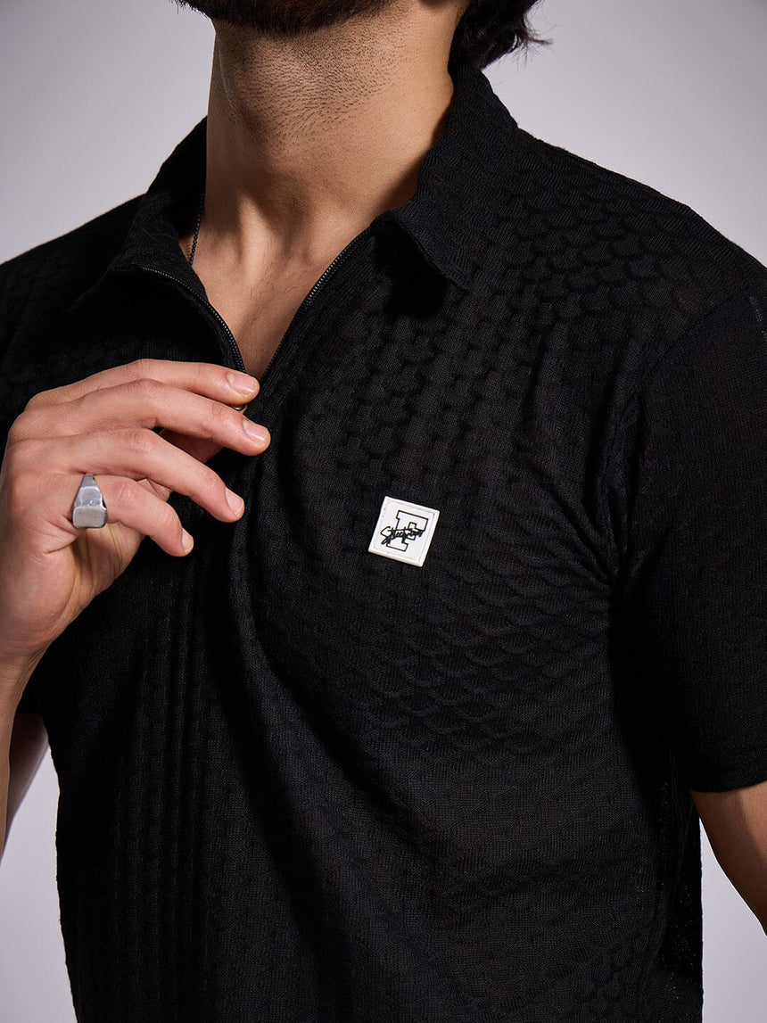Black Textured Knitted Polo Tshirt T-Shirts Fugazee
