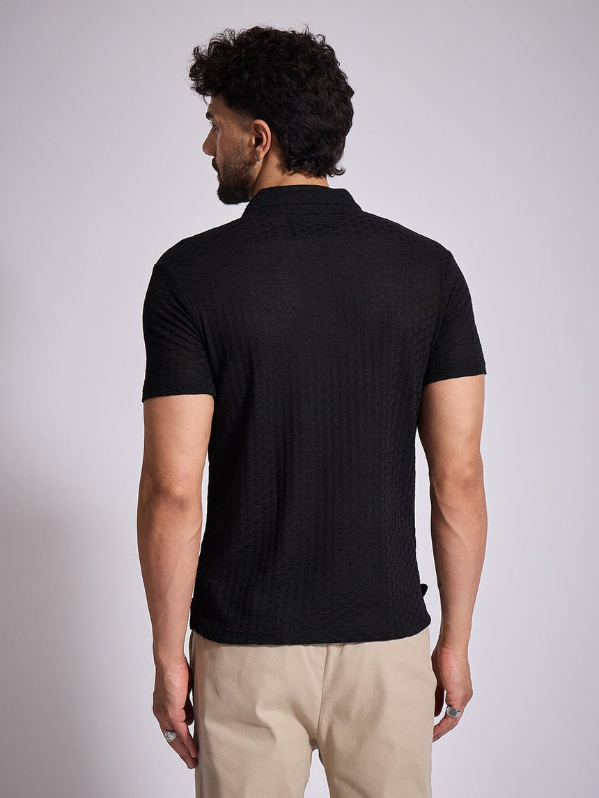 Black Textured Knitted Polo Tshirt T-Shirts Fugazee