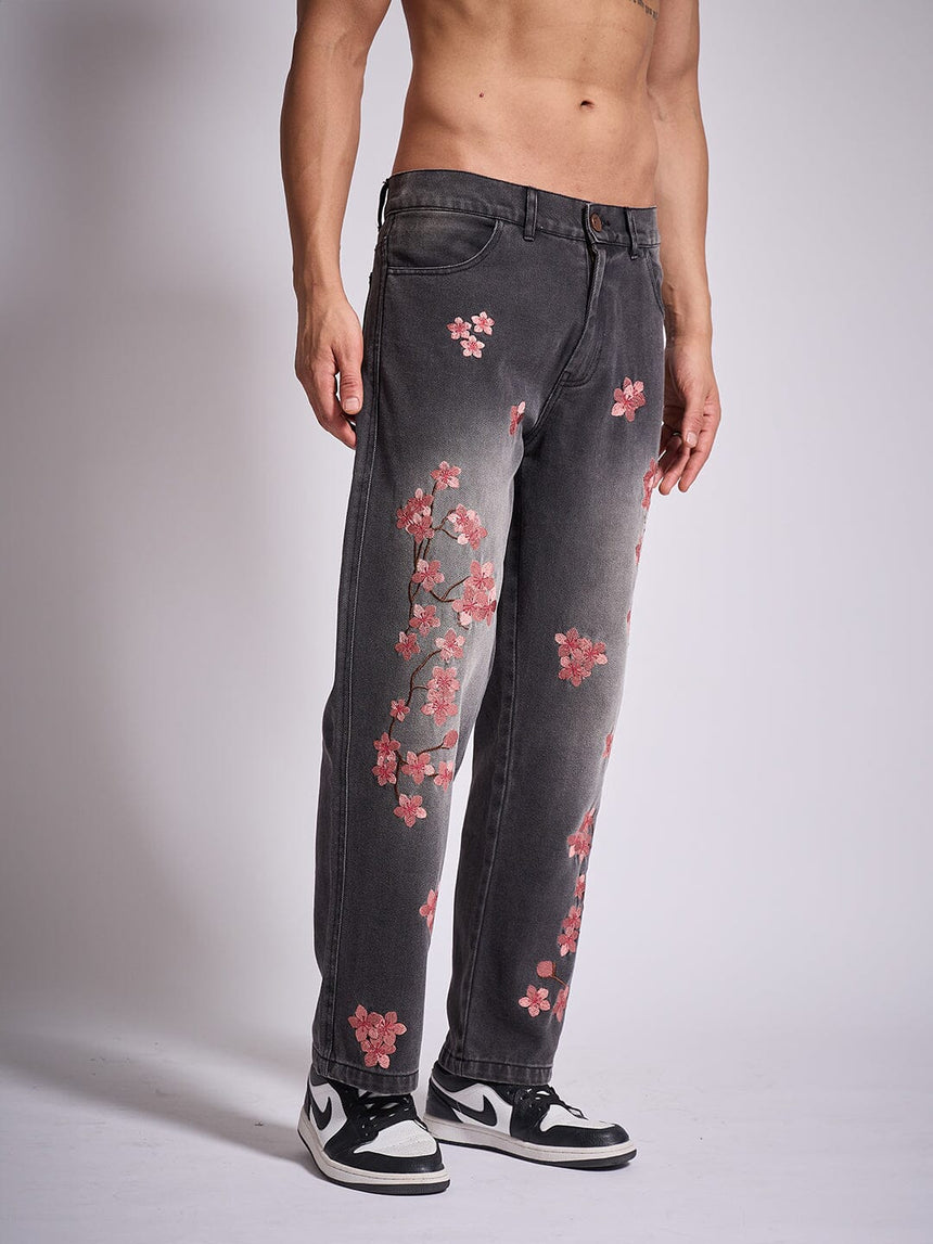 Grey Tint Cherry Blossom Straight Fit Denim Jeans Fugazee