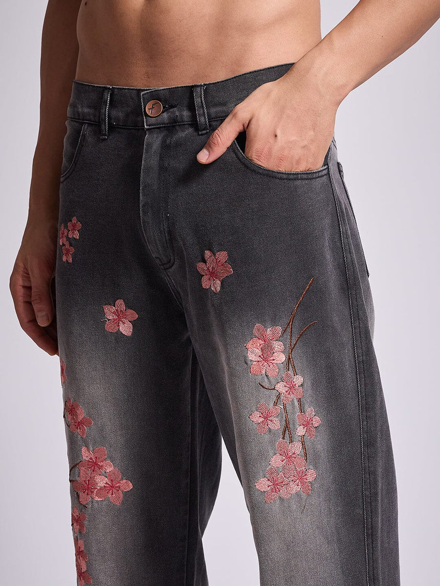 Grey Tint Cherry Blossom Straight Fit Denim Jeans Fugazee